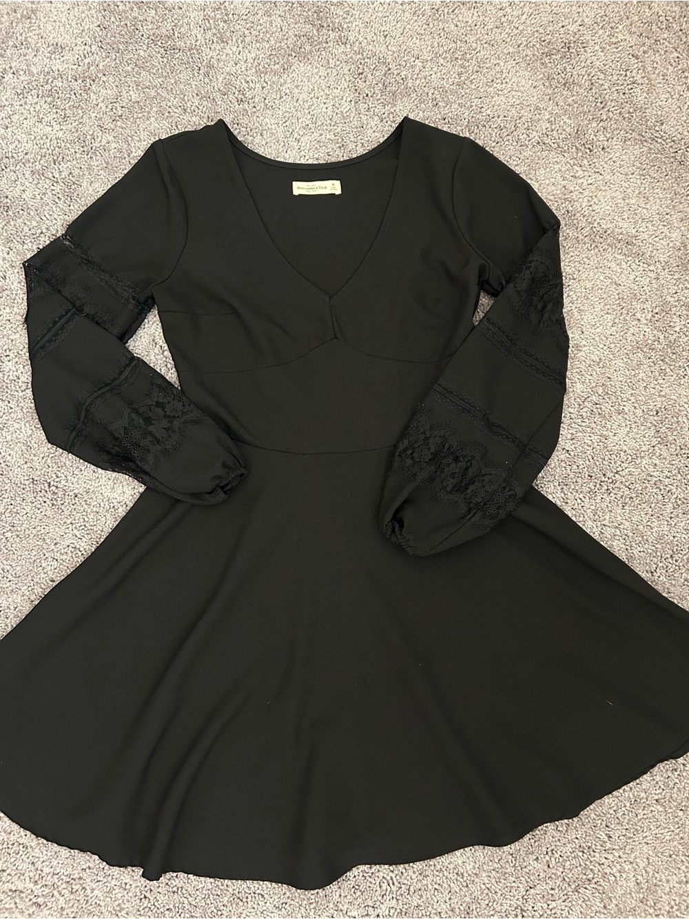 Abercrombie & Fitch Black Long-Sleeve Fit & Flare Dress with Lace Panels
